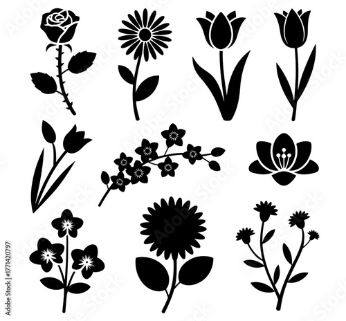 A captivating collection of flower silhouettes, showcasing the beauty and diversity of floral wonders, from elegant roses to vibrant daisies, each design captures the essence of botanical artistry