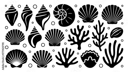 A captivating collection of seashell silhouettes, showcasing the beauty and diversity of marine treasures, from spiral shells to delicate corals, each design captures the essence of coastal wonders