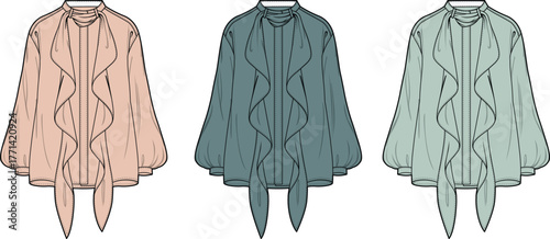 Elegant Blouse Variations Ruffled Front with Tie Detail in Peach, Blue-Green, and Green