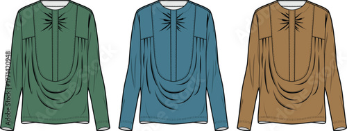 Fashionable long-sleeved shirts with draped detail, presented in three distinct colors green, blue, and brown