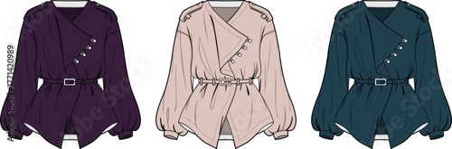 Fashion illustration of women's jacket in three different colors on a white background