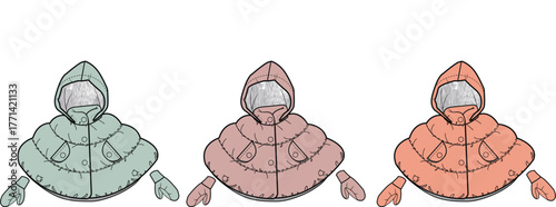 Three Poncho Raincoats Illustration in Varied Colors