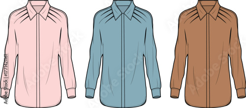 Three button-down collared shirts in pink, teal, and brown, depicted as a flat fashion illustration