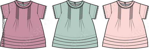 Illustrative flat sketches of comfortable and stylish short-sleeve baby dresses, presented in a trio of soft pastel hues including blush, sage, and pale pink, ideal for children's fashion concepts