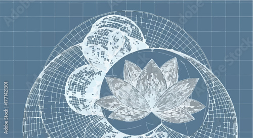 Intricate blueprint design of a blooming lotus flower within a scientific diagram