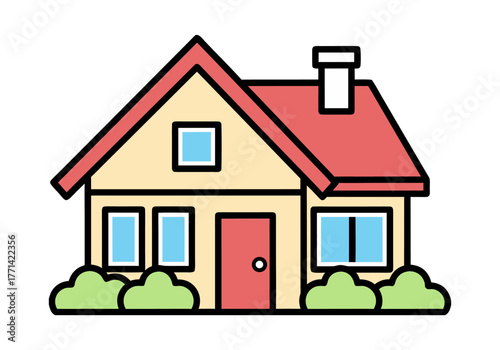 Cozy Cartoon House Illustration A Welcoming Red-Roofed Home with Greenery, Perfect for Real Estate or Residential Concepts