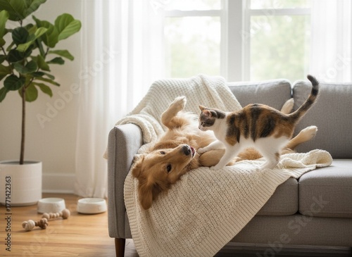 Golden Retriever dog playing with Calico cat on a gray couch with a cream colored knitted blanket.