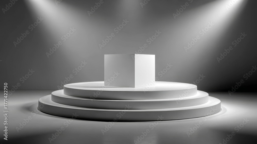 Obraz premium Minimalist white product display podium with clean background and soft studio lighting, professional hyper-realistic 8K presentation for modern online store, sleek commercial design