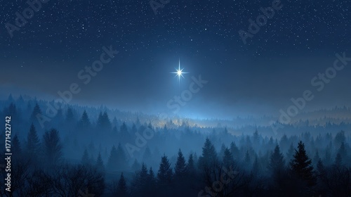 Star Over Bethlehem. Nativity of Jesus Christ with Bright Star in Starry Night Sky