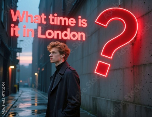 Young man in a dark coat stands in a narrow alley as red neon text asks what time is it in London beside a matching red question mark