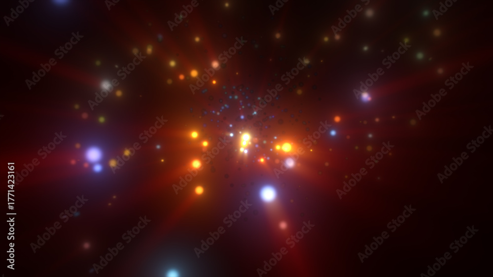 Naklejka premium Golden glowing particles radiating from a warm luminous core in a dark cosmic background