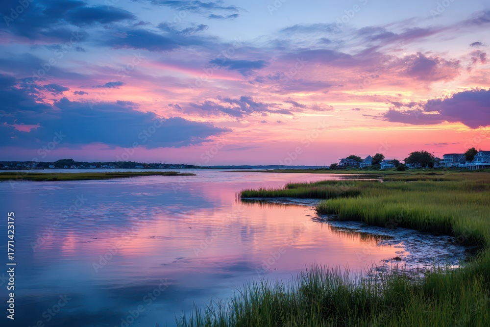 Fototapeta premium Sunset Over North River Marshfield Massachusetts: Tranquil Waterscape and Summer Serenity