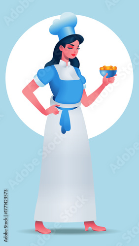 Young confectioner chef. Culinary worker in a chef's hat and apron. Cook with dessert in his hand. Full-length character.Vector isolated illustration. Flat character portrait.Not AI.
