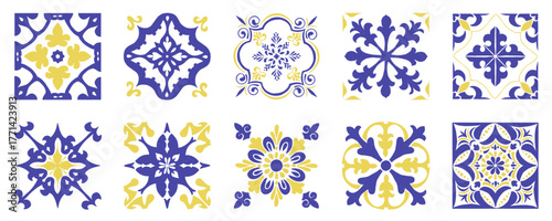 Set of Mediterranean tile and ornament pattern. Portuguese or Spanish brush painted ceramic ornament. Yellow blue Italian glazed pottery. Vector hand drawn Mediterranean classic floral decor.