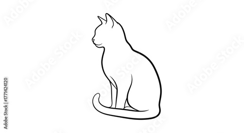 Simple Line Drawing Side View of a Sitting Domestic Cat Pet