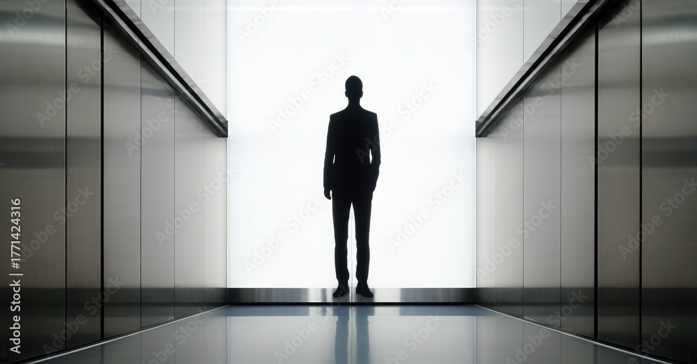 Fototapeta premium Silhouette stands within bright elevator. Metallic walls reflect light, creating dramatic contrast. Minimalist composition, stark shadows present.