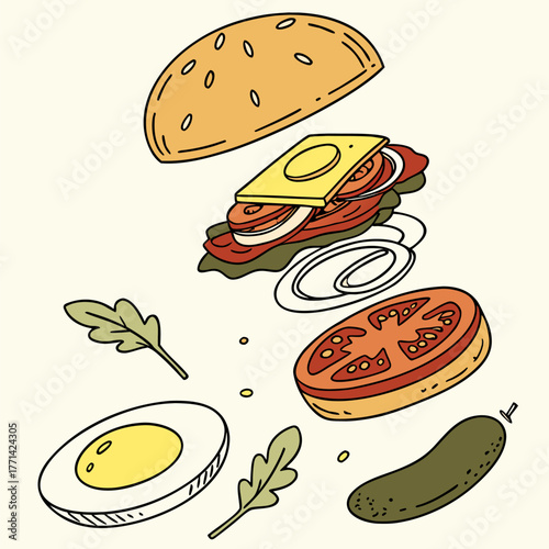 Deconstructed burger illustration with floating ingredients bun beef patty fried egg tomato pickle and onion slices