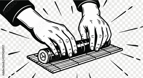 Chef's hands skillfully rolling fresh sushi on a bamboo mat, creating a culinary masterpiece.