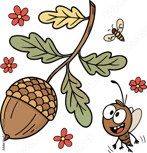 A cheerful cartoon child in a red beanie happily carries a giant pinecone A small green tree and smiling sun are visible