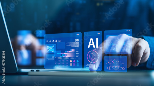 фотографія Businesspeople use computers and laptops to analyze AI-driven data in finance, marketing, big data, advertising, and UX/UI etc