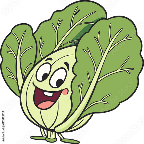 Smiling cartoon leafy green vegetable character cheerfully walking with big eyes raised arms and red boots
