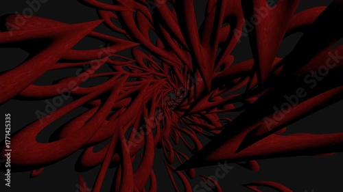 abstract red background. Organic Abstract Tunnel Animation. Futuristic Fractal Spiral in Motion. 3D Abstract Organic Structure Moving in Depth. Surreal Tunnel Animation with Twisting Shapes.	
