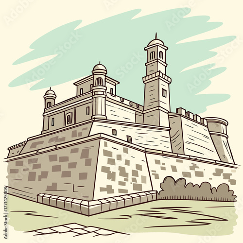 Illustration depicting a sturdy old stone castle with a prominent tower battlements and green surroundings
