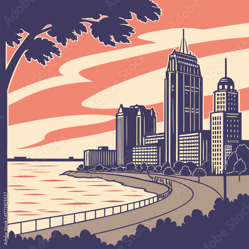 Stylized cityscape illustration depicting towering urban buildings lining a tranquil riverbank Retro art deco aesthetic