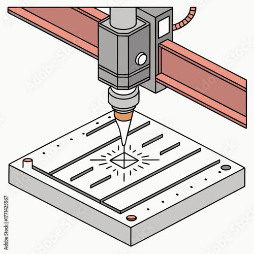 Isometric illustration Industrial machine tool head engraving pattern on rectangular workpiece Control unit visible
