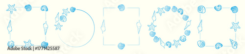 Set of hand drawn blue seashell and starfish frames. Minimal marine design elements for summer invitations, posters, cards, and beach-themed projects.
