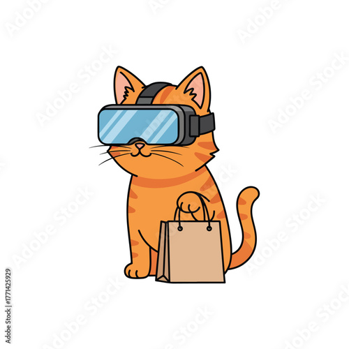Orange cat with vr glasses and shopping bag