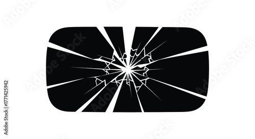 Abstract black silhouette of a shattered screen with radiating cracks on a white background