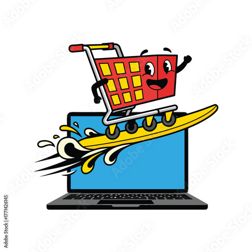Happy shopping cart surfing on laptop
