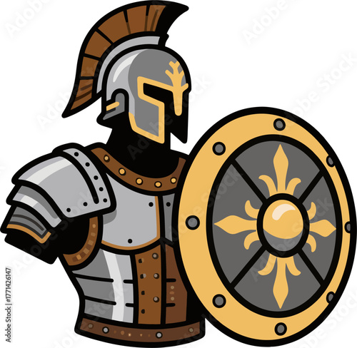 Silver Spartan Armor Vector Illustration – Modern Decorative Shield, Helmet, and Full Plate Armored Warrior Cartoon