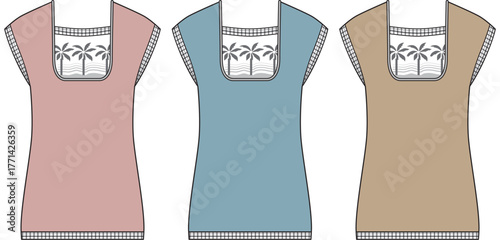 Collection of three fashionable knit tops with square necklines and intricate patterned inserts, showcasing different color options for versatile styling