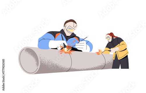 Welders in protective masks are fixing construction on factory. Builders in safety helmets are welding, working. Building workers repair pipe. Flat isolated vector illustration on white background