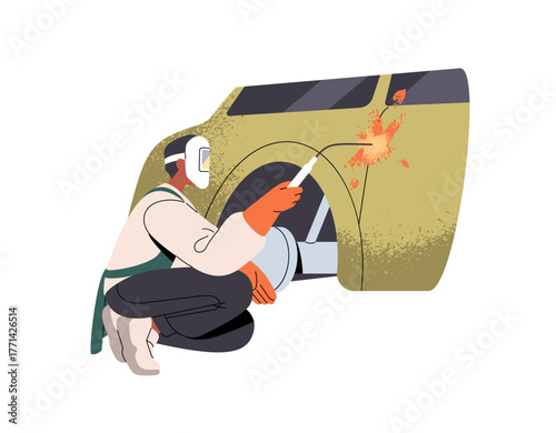 Auto mechanic in safety mask is welding. Foreman, worker of car service does vehicle body work. Welder repairs and fixes automobile with torch. Flat isolated vector illustration on white background