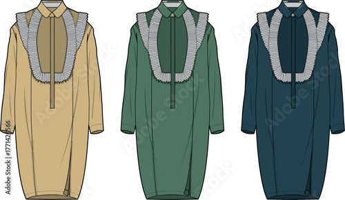 Fashionable Dress Designs in Various Colors Beige, Green, and Teal. Stylish garment concepts and vector fashion illustrations