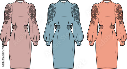 Set of three fashion technical flat sketches of a belted dress with embroidered bishop sleeves and mock neck. Vector illustration concept for apparel design