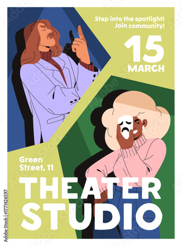 Design of acting skills class promotion. Template of theatrical studio advertising. Event poster of theater performance. Layout with actresses, actors, artists on stage. Flat vector illustration