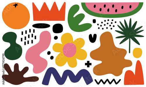 Vibrant abstract shapes and tropical elements on a black background a playful composition of organic forms and fruity motifs