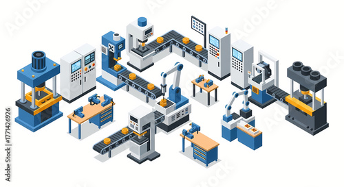 Isometric Illustration of automated factory production line machine