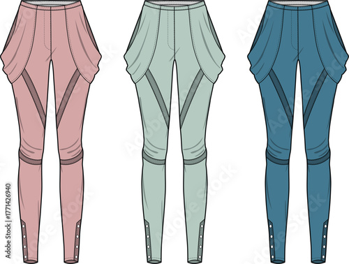 Vector illustrations of modern women's tapered pants with unique draped hip designs and buttoned ankles. Three soft pastel colors for fashion and apparel design