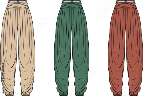A collection of women's bohemian style harem pants shown in a fashion flat sketch template with three different color options