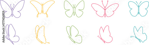 Butterfly icons set, colorful insect collection, black silhouette and outline group, line style vector illustration, flying moth design, decorative butterfly symbol graphic element.