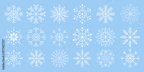White snowflake elements on blue background. Minimal geometric winter icons for Christmas and New Year cards, wrapping paper, patterns, decorations, and seasonal projects. Vector illustration.