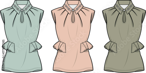 Set of women's sleeveless peplum blouse technical fashion flat sketches with collar detail and pockets in multiple colorways