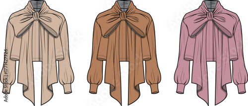 Elegant Fashion Illustration Stylish Blouse Designs in a Trio of Earthy Tones for Apparel Concepts