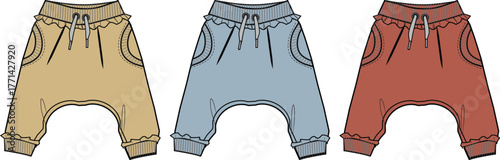 A collection of colorful baby harem jogger pants with ruffle details. Technical fashion flat sketch vector template for children's apparel design