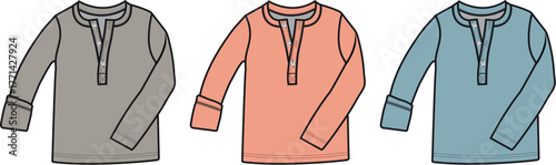 Three long-sleeved shirts in different colors displayed side-by-side, showcasing casual wear options